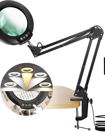 Veemagni 8X Magnifying Glass with Light, 5 Color Modes Stepless Dimmable, Adjustable Swing Arm LED Lighted Desk Lamp with Clamp, Hands Free Magnifier with Light and Stand for Craft Hobby Close Works - LeafyLoom