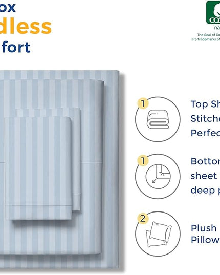 THREAD SPREAD Luxury Egyptian Cotton King Stripe Sheet Set, 600 Thread Count Extra Long Staple 4 PC Set, King Damask Sheets, Soft, Cooling Sateen Weave Sheets Upto 18" Deep Pocket - Light Blue - LeafyLoom