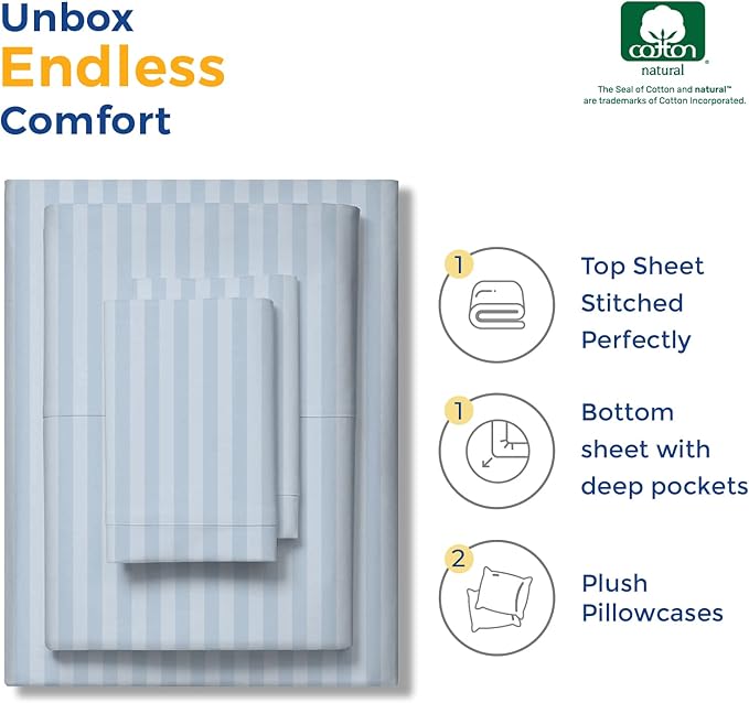 THREAD SPREAD Luxury Egyptian Cotton King Stripe Sheet Set, 600 Thread Count Extra Long Staple 4 PC Set, King Damask Sheets, Soft, Cooling Sateen Weave Sheets Upto 18" Deep Pocket - Light Blue - LeafyLoom