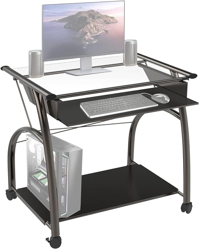 Acme Vincent Glass Top Computer Cart with Pull-out Keyboard in Pewter - LeafyLoom