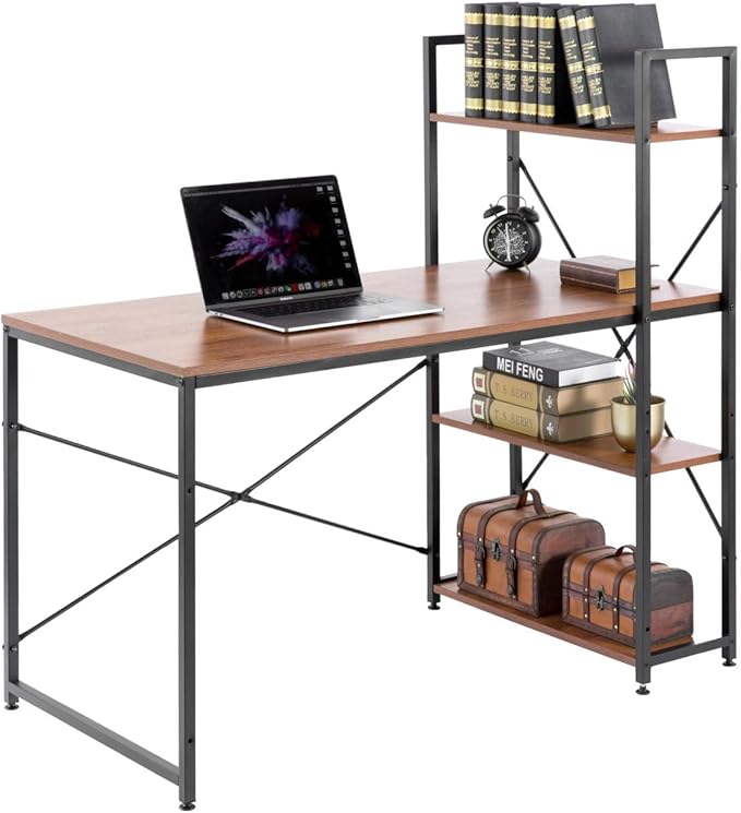 Wood and Metal Industrial Home Office Computer Desk with Bookshelves, Cherry - LeafyLoom