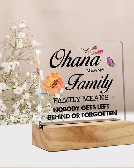 Family Quote Ohana Means Family Desk Decor Acrylic Desk Sign Acrylic Plaque Home Office Living Room Desk Shelf Decoration Gift 4.7"x4.7" - LeafyLoom