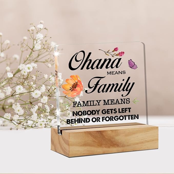 Family Quote Ohana Means Family Desk Decor Acrylic Desk Sign Acrylic Plaque Home Office Living Room Desk Shelf Decoration Gift 4.7"x4.7" - LeafyLoom
