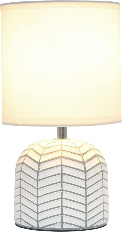 Simple Designs LT1137-WHT 10.43" Petite Contemporary Webbed Waves Base Bedside Table Desk Lamp w White Fabric Drum Shade for Home Decor, Bedroom, Living Room, Entryway, Office, White - LeafyLoom
