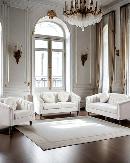 Velvet Modern Living Room Couch 3 Piece with Scroll Arms and Nailhead, includes 2 Love-seat Chair & Armchair, Sofa and Loveseat Set Grey - LeafyLoom