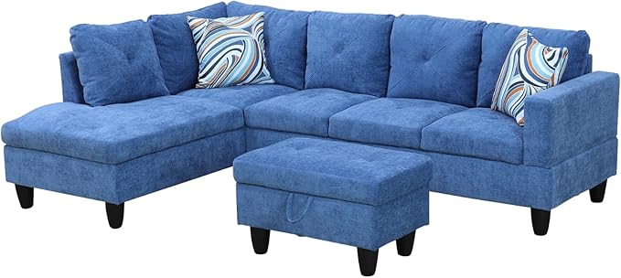 ROOMTEC Button L Shape Sectional Sofa Set, 5 Seat Upholstered Corner Couch with Storage Ottoman, Luxurious Linen Tufted Cushions, for Living Room, Apartment, 97inch, Blue w/Left Chaise Lounge - LeafyLoom
