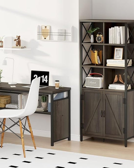 FATORRI Bookshelf with Doors, Rustic Wood Bookcase with Cabinet, Industrial Tall Cubby Book Shelf and Cube Organizer Shelf for Living Room (Walnut Brown) - LeafyLoom