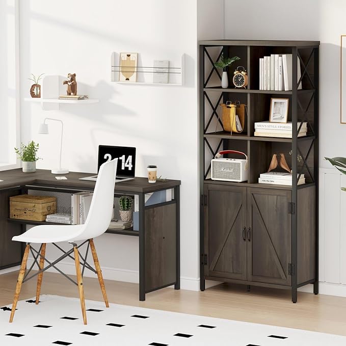 FATORRI Bookshelf with Doors, Rustic Wood Bookcase with Cabinet, Industrial Tall Cubby Book Shelf and Cube Organizer Shelf for Living Room (Walnut Brown) - LeafyLoom