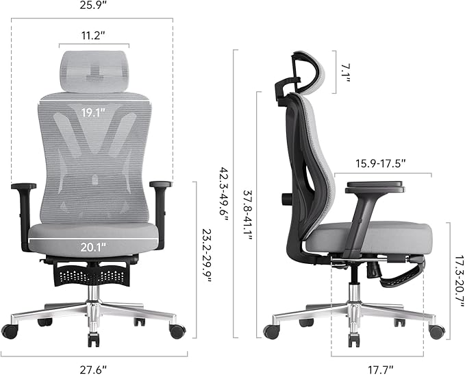 Hbada Ergonomic Office Chair, Desk Chair with Adjustable Lumbar Support and Height, Comfortable Mesh Computer Chair with Footrest 2D Headrest, Swivel Tilt Function Grey - LeafyLoom