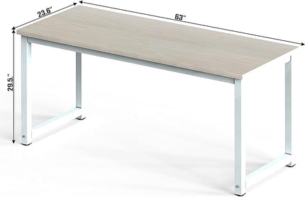 NSdirect Large Office Desk for Home Office, Large 63" Computer Desk Table, Wide Writing Study Desk for 2 Person, Metal Sturdy Frame Thicker Steel Legs, (White Oak, 63"L x 23.6"W x 29.5"H) - LeafyLoom