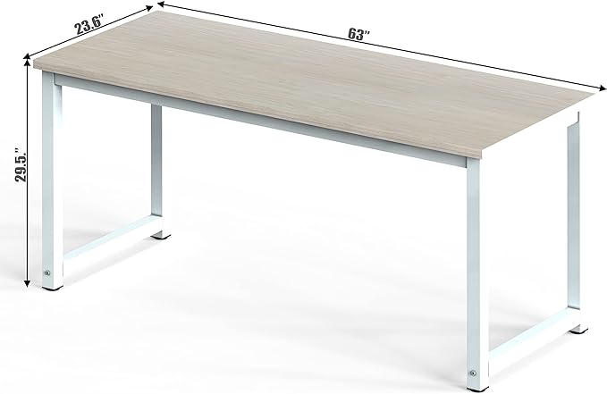 NSdirect Large Office Desk for Home Office, Large 63" Computer Desk Table, Wide Writing Study Desk for 2 Person, Metal Sturdy Frame Thicker Steel Legs, (White Oak, 63"L x 23.6"W x 29.5"H) - LeafyLoom