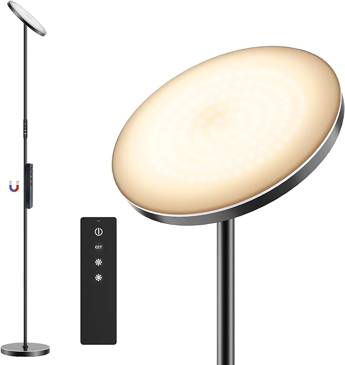 Dimunt Floor Lamp, 30W/2400LM LED Modern Torchiere Sky Lamp, 3000K-5000K Super Bright Dimmable Standing Tall Lamp with 3 Color Temperatures, Remote Button Control, 1 Hour Timer for Living Room Office - LeafyLoom