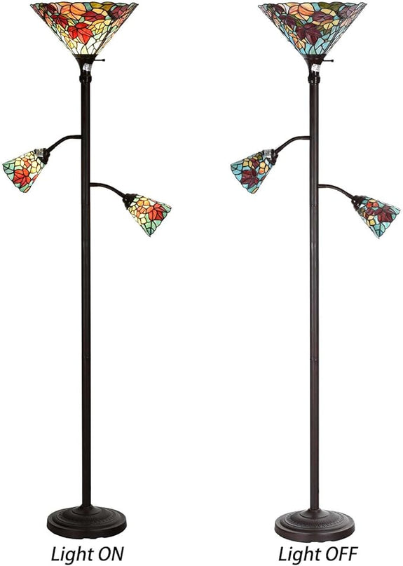 Bieye L10884 Maple Tree Leaves Tiffany Style Stained Glass Torchiere Floor Lamp with Sidelights for Reading Home Decor, 70-inches Tall (Maple Leaf, Red) - LeafyLoom
