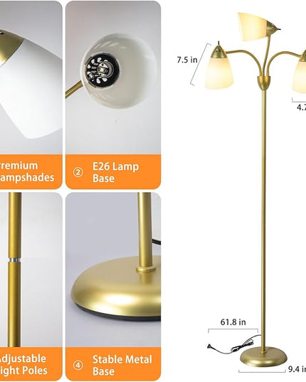 DINGLILIGHTING Floor Lamp Gold for Room: 3-Light Adjustable Flexible Gooseneck Tree Standing Lamp for Bedroom Study Room Office - Modern Multi Head Reading Floor Lights - LeafyLoom