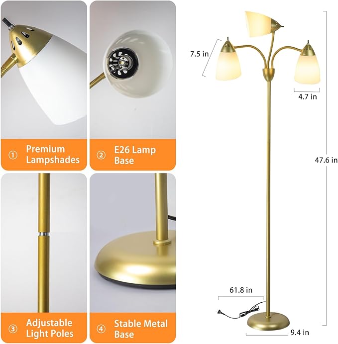 DINGLILIGHTING Floor Lamp Gold for Room: 3-Light Adjustable Flexible Gooseneck Tree Standing Lamp for Bedroom Study Room Office - Modern Multi Head Reading Floor Lights - LeafyLoom