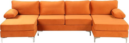 Modern Large Velvet Fabric U-Shape Sectional Sofa, Double Extra Wide Chaise Lounge Couch, Orange - LeafyLoom