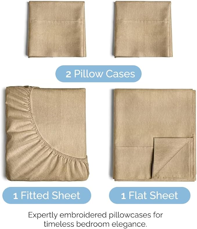 Full Size 4 Piece Sheet Set - Comfy Breathable & Cooling Sheets - Hotel Luxury Bed Sheets for Women & Men - Deep Pockets, Easy-Fit, Soft & Wrinkle Free Sheets - Heathered Tan Oeko-Tex Bed Sheet Set - LeafyLoom