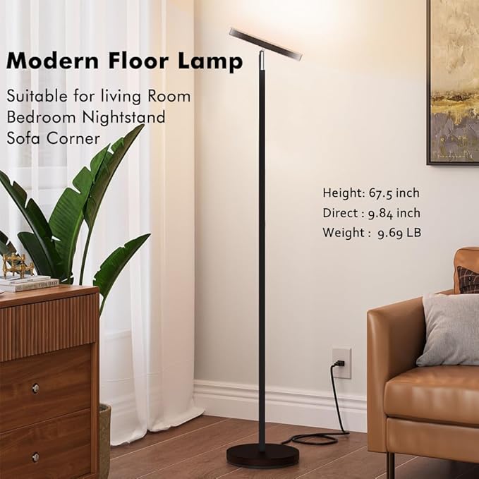 Smart RGB Floor Lamp 24W/2000LM Standing Bright Tall LED Sky Floor Lamp with Remote Dimmable Color Changing Modern Black Pole Touch Control Torchiere Stand Up Lamp Warm for Living Room Bed Room Office - LeafyLoom