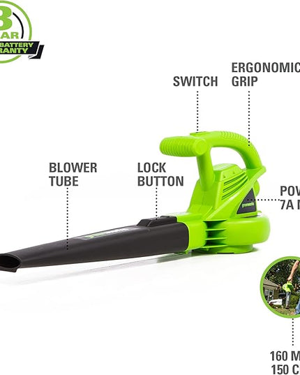 Greenworks 7 Amp 160 MPH/150 CFM Single Speed Electric Blower, 24012, green - LeafyLoom