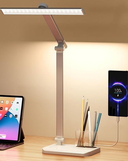 LED Desk Lamp with USB Charging Port, Eye-Caring Table Lamp, Touch Control Dimmable 5 Color Modes, 45 Min Auto-Off Timer, Foldable Study Desk Light for Home Office College Dorm & Reading - LeafyLoom