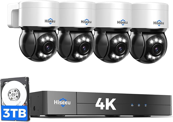 [4K HD + 330°Pan 90°Tilt] Hiseeu 4K PoE Security Camera System, CCTV Camera Security System w/4Pcs PoE PTZ Dome Cameras, Human/Vehicle Detect,2-Way Audio,Home Surveillance NVR Kit, 3TB HDD,7/24 Record Hiseeu