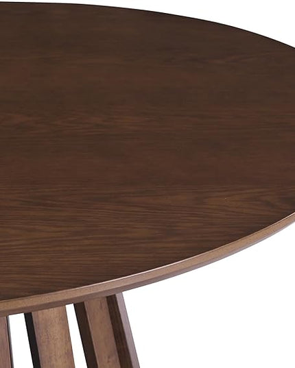 5-Piece Retro Vintage Style Wooden Round Dining Table Set with 4 Upholstered Chairs with Rattan Backrests for Kitchen, Breakfast Nook, Living Room, Walnut, 47.2" L x 47.2" W x 29.9" H - LeafyLoom