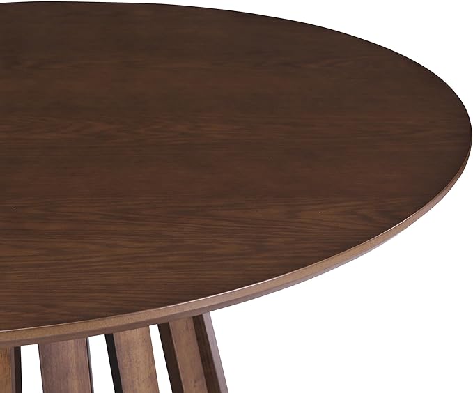 5-Piece Retro Vintage Style Wooden Round Dining Table Set with 4 Upholstered Chairs with Rattan Backrests for Kitchen, Breakfast Nook, Living Room, Walnut, 47.2" L x 47.2" W x 29.9" H - LeafyLoom