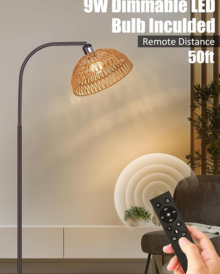 Boho Floor Lamp with Remote- Bronze Floor Lamps with Stepless Dimmable Bulb, Remote Control, Hand-Worked Adjustable Rattan Lamp Shades, Brown Rattan Standing Lamp for Living Room, Bedroom, Office - LeafyLoom