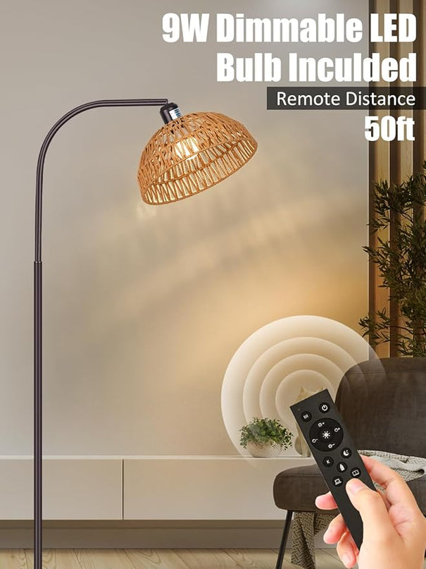 Boho Floor Lamp with Remote- Bronze Floor Lamps with Stepless Dimmable Bulb, Remote Control, Hand-Worked Adjustable Rattan Lamp Shades, Brown Rattan Standing Lamp for Living Room, Bedroom, Office - LeafyLoom