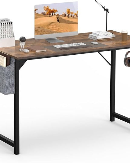 SMUG Computer Desk 48 Inch Home Office Writing Wood Storage Bag & Headphone Hook Simple Bedroom 2 Person Work Study Kids Table, Rustic Brown - LeafyLoom