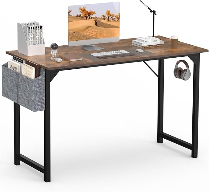 SMUG Computer Desk 48 Inch Home Office Writing Wood Storage Bag & Headphone Hook Simple Bedroom 2 Person Work Study Kids Table, Rustic Brown - LeafyLoom