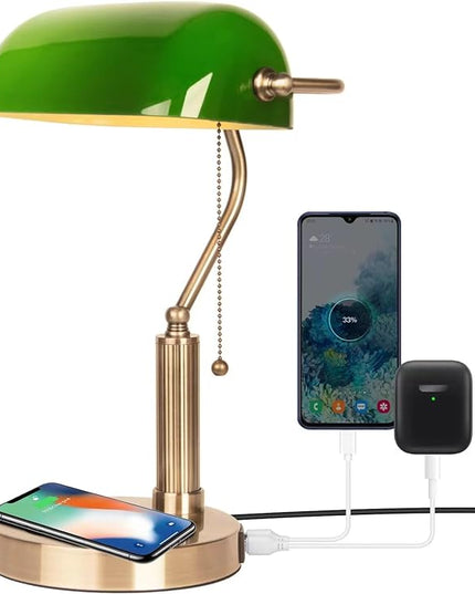 FIRVRE Bankers Lamp with2 USB and Wireless Charging Port，Pull Chain Switch Green Glass Desk Lamp， E26 Base,Traditional Library Desk Lamps for Home Office,Bedroom,Piano - LeafyLoom