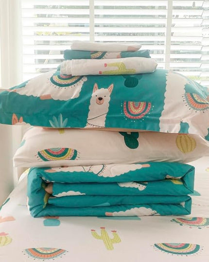 Wajade Kids Llama Comforter Set Bed in A Bag Twin Size 7 Piece Cute Alpaca Tropical Plant Cactus Bedding Set for Girls Boys (1 Comforter, 1 Flat Sheet, 1 Fitted Sheet, 2 Pillowcase and 2 Pillow Sham) - LeafyLoom