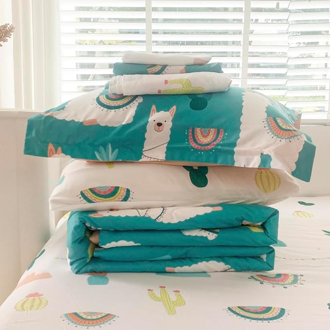 Wajade Kids Cute Llama Comforter Set Bed in A Bag Full Size 7 Piece Green Alpaca Tropical Plant Bedding Set for Girls Boys (1 Comforter, 1 Flat Sheet, 1 Fitted Sheet, 2 Pillowcase and 2 Pillow Sham) - LeafyLoom