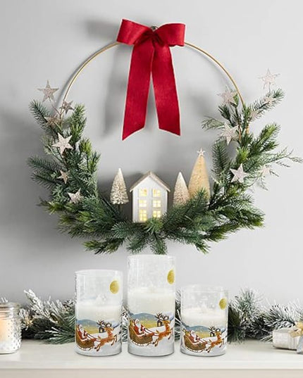 DRomance Santa Claus Glass Flameless Candles Battery Operated Remote and Timer Real Wax LED Flickering Pillar Candles White Cold Light Window Christmas Holiday Decor D3 x H4, 5", 6" DRomance