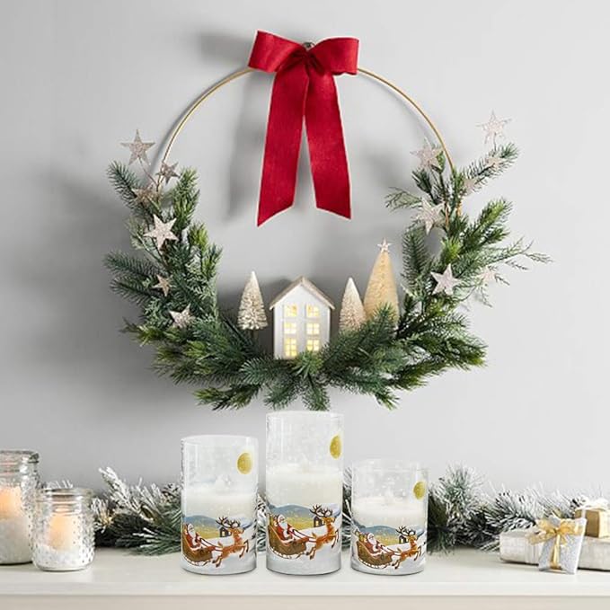 DRomance Santa Claus Glass Flameless Candles Battery Operated Remote and Timer Real Wax LED Flickering Pillar Candles White Cold Light Window Christmas Holiday Decor D3 x H4, 5", 6" DRomance