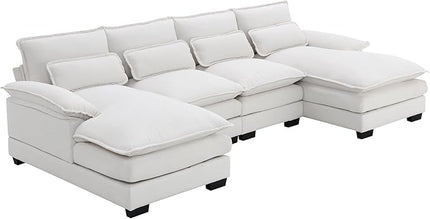 U Shaped Modular Sectional Sofa with Double Chaise Lounge, Chenille Upholstered Symmetrical Cloud Couch with Solid Wood Legs and Waist Pillows, 6 Seater Large Sofa&Couch for Living Room Office - LeafyLoom