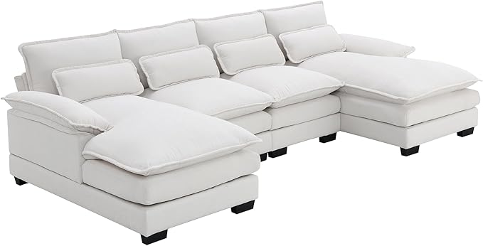 U Shaped Modular Sectional Sofa with Double Chaise Lounge, Chenille Upholstered Symmetrical Cloud Couch with Solid Wood Legs and Waist Pillows, 6 Seater Large Sofa&Couch for Living Room Office - LeafyLoom
