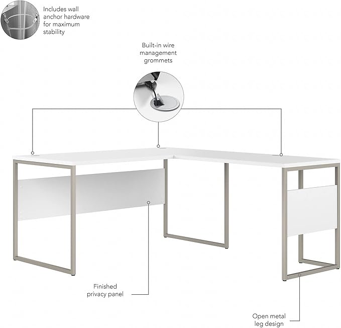 Bush Business Furniture Hybrid L Shaped Table Desk with Metal Legs, 60W x 30D, White - LeafyLoom