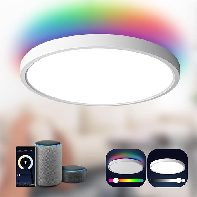 TALOYA Smart Ceiling Light Flush Mount LED WiFi,Compatible with Alexa Google Home,Dimmable Low Profile Ambient Light Fixture for Bedroom Living Room Hallway Kitchen Nursery,12 Inch,RGB Taloya