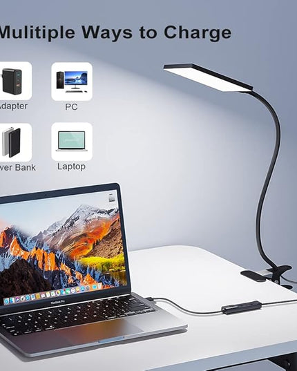 LED Desk Lamp with Clamp for Home Office, Dimmable Clip on Desk Light with USB Port, 3 Color Modes 11 Brightness Flexible Gooseneck Reading Lamp for Studying Working, Black - LeafyLoom