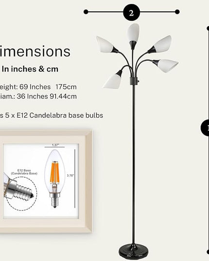 Modern Multi-Head Medusa Floor Lamp - 5 Light Standing Lamp for Bedroom and Living Room with Positionable Acrylic White Shades & 3-Light Mode Switch - Tall Black Floor Lamp for Living Room Decor - LeafyLoom