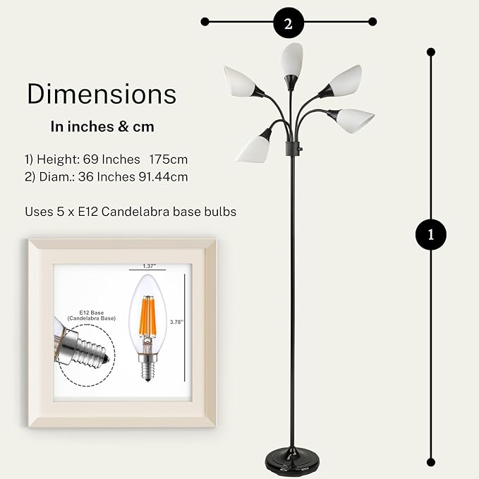 Modern Multi-Head Medusa Floor Lamp - 5 Light Standing Lamp for Bedroom and Living Room with Positionable Acrylic White Shades & 3-Light Mode Switch - Tall Black Floor Lamp for Living Room Decor - LeafyLoom