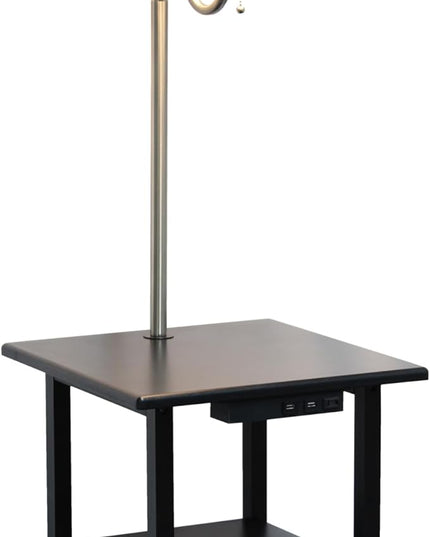 Simple Designs LF2016-BLK 57" Modern 2 Tier End Table Floor Lamp Combination with 2 x USB Charging Ports & Power Outlet with White Drum Fabric Shade for Bedroom, Living Room, Office, Black - LeafyLoom