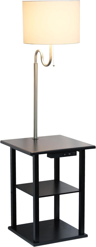 Simple Designs LF2016-BLK 57" Modern 2 Tier End Table Floor Lamp Combination with 2 x USB Charging Ports & Power Outlet with White Drum Fabric Shade for Bedroom, Living Room, Office, Black - LeafyLoom