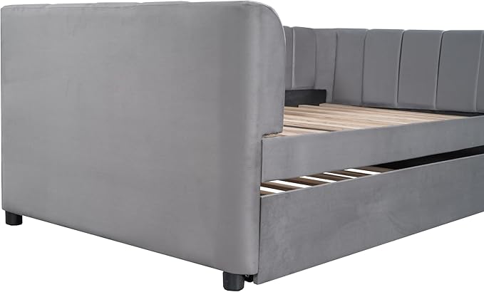 Twin Size Velvet Upholstered Daybed with Ergonomic Design Backrest and Trundle,Classic Stripe Shaped Headboard,No Box Spring Needed,for Bedroom, Living, Guest Room,Gray - LeafyLoom