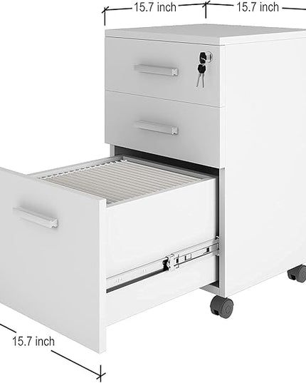 Lazio 26 Inch File Cabinet with Lock - Filing Cabinet for Home and Office - 3 Drawer File Cabinet with Wheels for A4 Sized Letters/Documents, Legal Sized Documents, Hanging File Folders - White/White - LeafyLoom