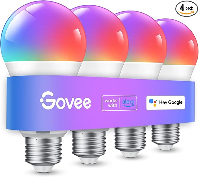 Govee Smart Light Bulbs, Color Changing Light Bulb, Work with Alexa and Google Assistant, 16 Million Colors RGBWW, WiFi & Bluetooth LED Light Bulbs, Music Sync, A19, 800 Lumens, 4 Pack Govee