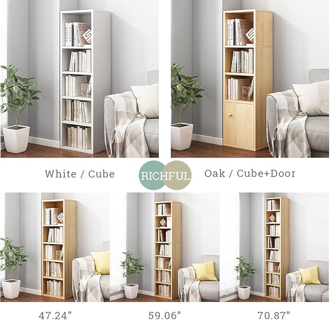 IOTXY Small Narrow Corner Bookcase - 71 Inches Tall Gap Freestanding Storage Cabinet, 8 Lattices Open Shelves Tower Rack, Cubes Bookshelf in Oak - LeafyLoom