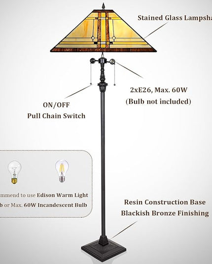 Capulina Tiffany Floor Lamp 2-Light 16X16X63 Inches Cream Color Style Stained Glass Standing Reading Light for Living Room Bedroom Home Office - LeafyLoom